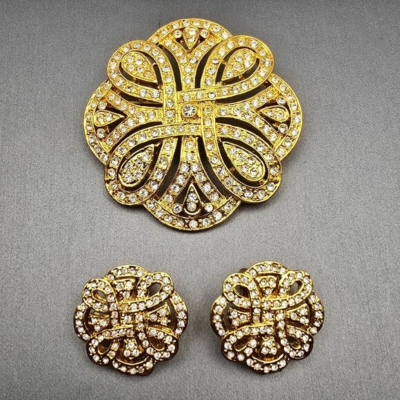 VTG Gold-Tone Floral Brooch & Clip-On Earrings Set w/ Clear Rhinestones Lot of 2 - Picture 1 of 8